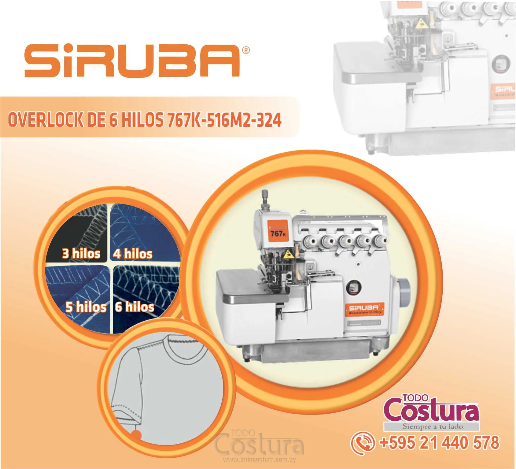 OVERLOCK (MECANICA - 6 HILOS) SIRUBA 767K-516M2-324
